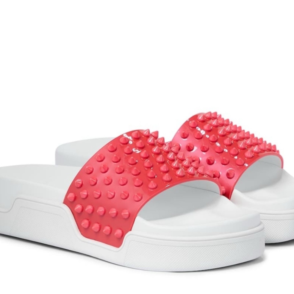 Christian Louboutin Red and White Studded Pool Slide Sandals
